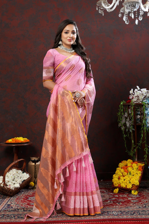 Load image into Gallery viewer, Symmetrical Pink Cotton Silk Saree With Jubilant Blouse Piece
