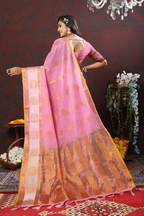 Load image into Gallery viewer, Symmetrical Pink Cotton Silk Saree With Jubilant Blouse Piece
