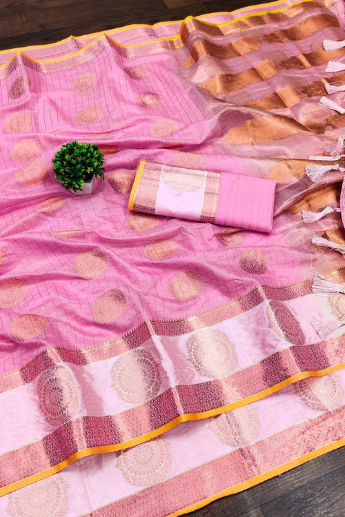 Load image into Gallery viewer, Symmetrical Pink Cotton Silk Saree With Jubilant Blouse Piece
