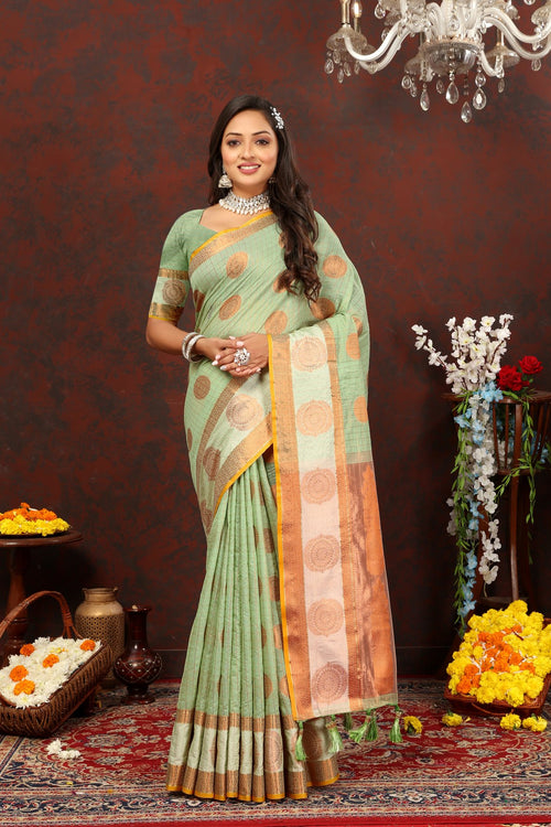 Load image into Gallery viewer, Prodigal Pista Cotton Silk Saree With Piquant Blouse Piece
