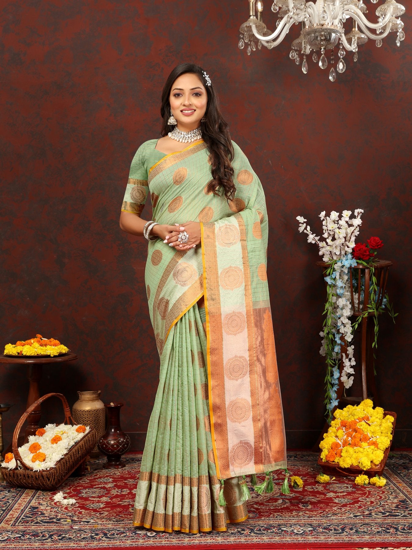 Prodigal Pista Cotton Silk Saree With Piquant Blouse Piece