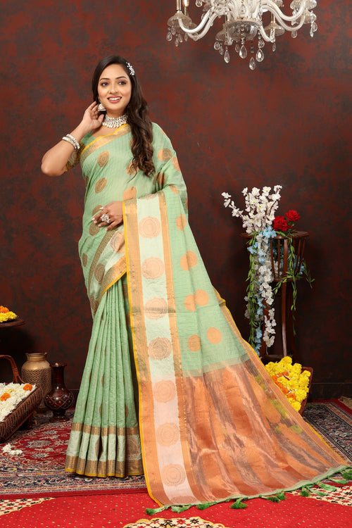 Load image into Gallery viewer, Prodigal Pista Cotton Silk Saree With Piquant Blouse Piece
