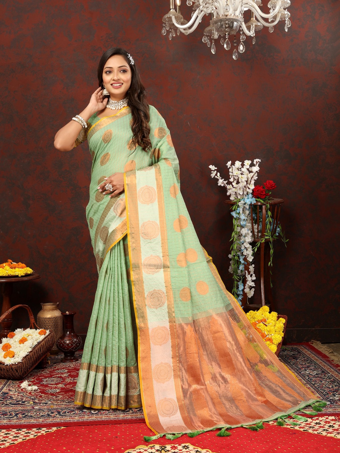 Prodigal Pista Cotton Silk Saree With Piquant Blouse Piece