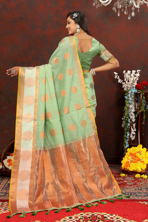 Load image into Gallery viewer, Prodigal Pista Cotton Silk Saree With Piquant Blouse Piece
