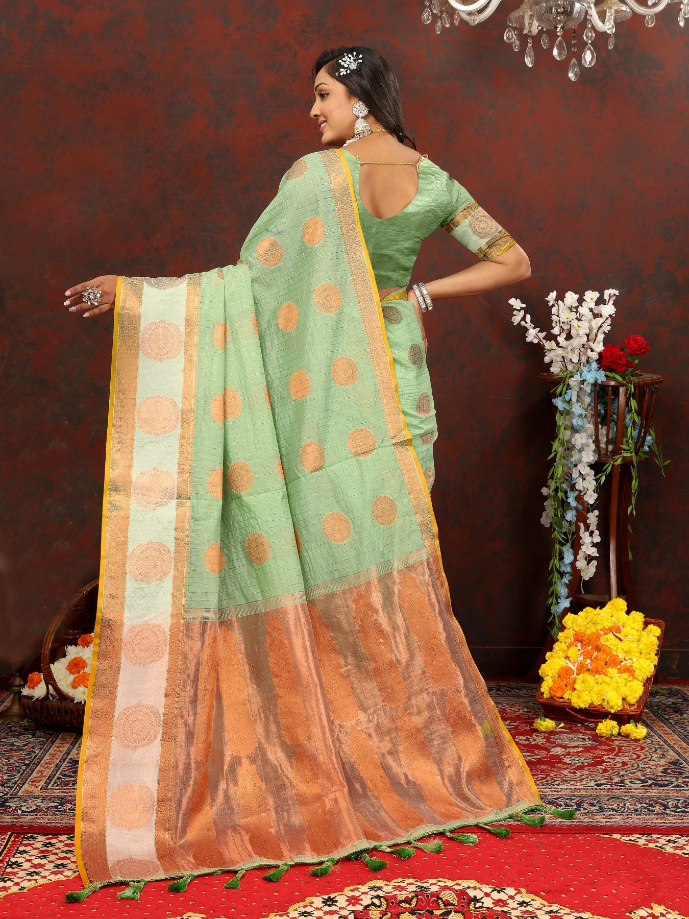 Prodigal Pista Cotton Silk Saree With Piquant Blouse Piece