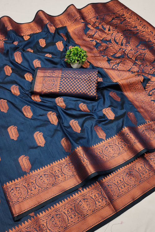 Load image into Gallery viewer, Splendorous Navy Blue Soft Banarasi Silk Saree With Confounding Blouse Piece
