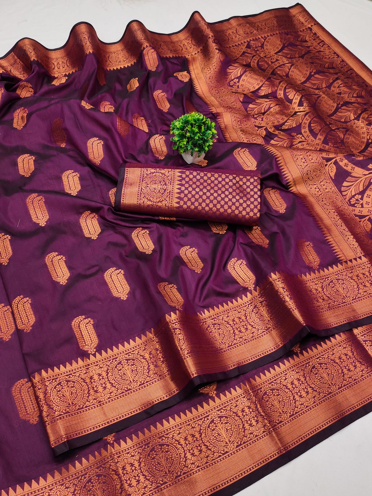 Ornate Purple Soft Banarasi Silk Saree With Zephyr Blouse Piece