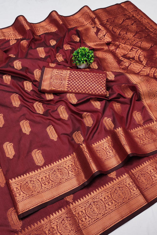 Load image into Gallery viewer, Devastating Wine Soft Banarasi Silk Saree With Profuse Blouse Piece
