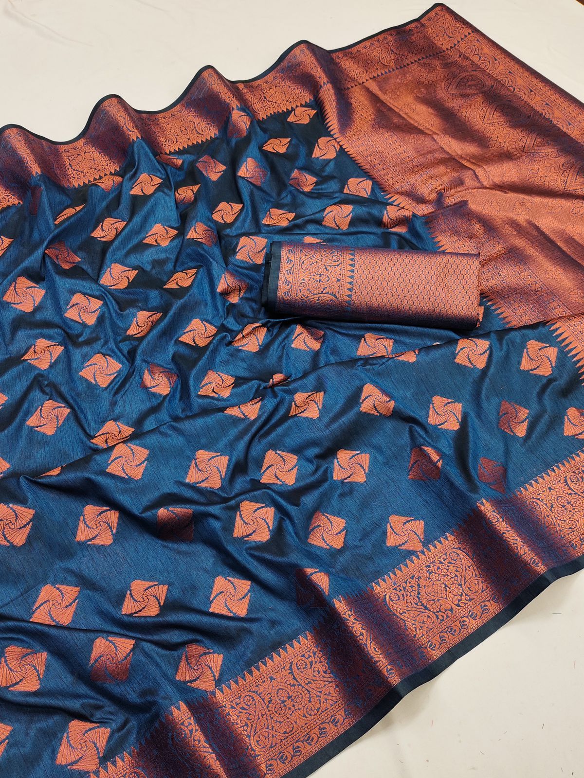 Ratatouille Navy Blue Soft Banarasi Silk Saree With Effulgent Blouse Piece