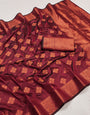 Exuberant Wine Soft Banarasi Silk Saree With Aplomb Blouse Piece