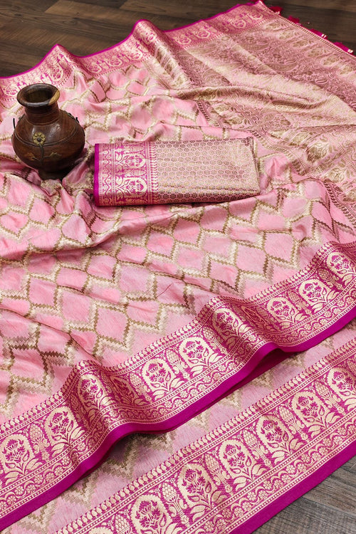 Load image into Gallery viewer, Gossamer Pink Soft Banarasi Silk Saree With Ratatouille Blouse Piece
