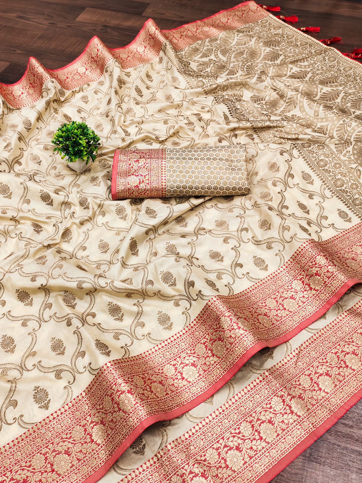 Amazing Beige Soft Banarasi Silk Saree With Adorning Blouse Piece