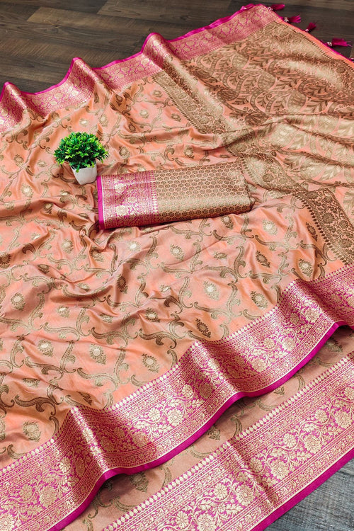 Load image into Gallery viewer, Ravishing Peach Soft Banarasi Silk Saree With Admirable Blouse Piece
