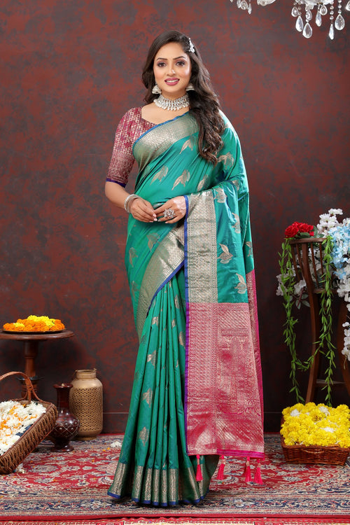 Load image into Gallery viewer, Efflorescence Green Soft Banarasi Silk Saree With Ratatouille Blouse Piece
