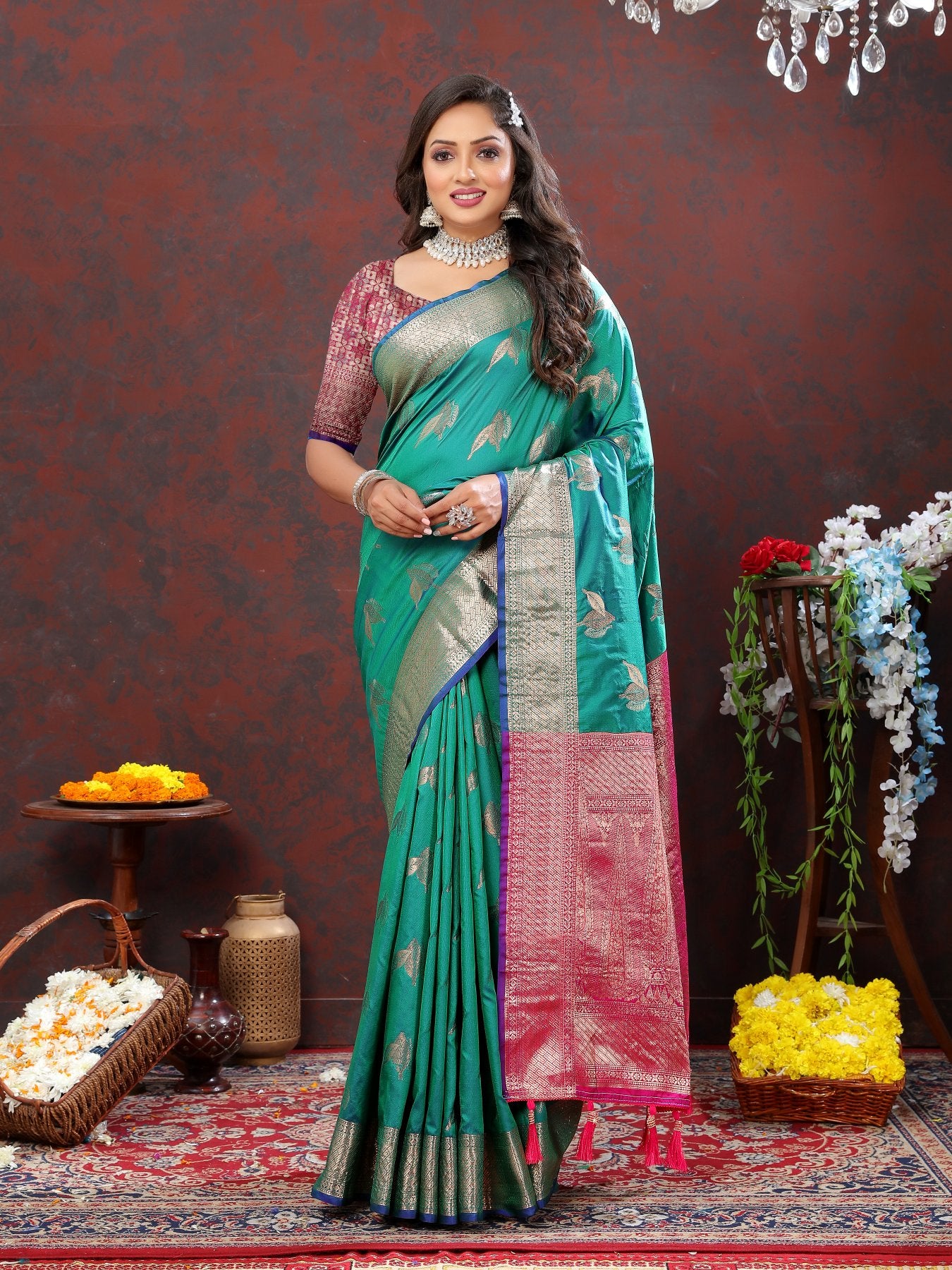 Efflorescence Green Soft Banarasi Silk Saree With Ratatouille Blouse Piece