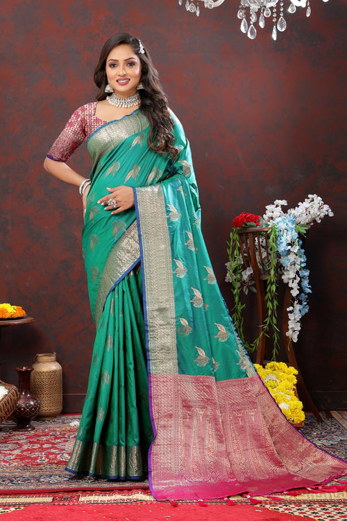 Load image into Gallery viewer, Efflorescence Green Soft Banarasi Silk Saree With Ratatouille Blouse Piece
