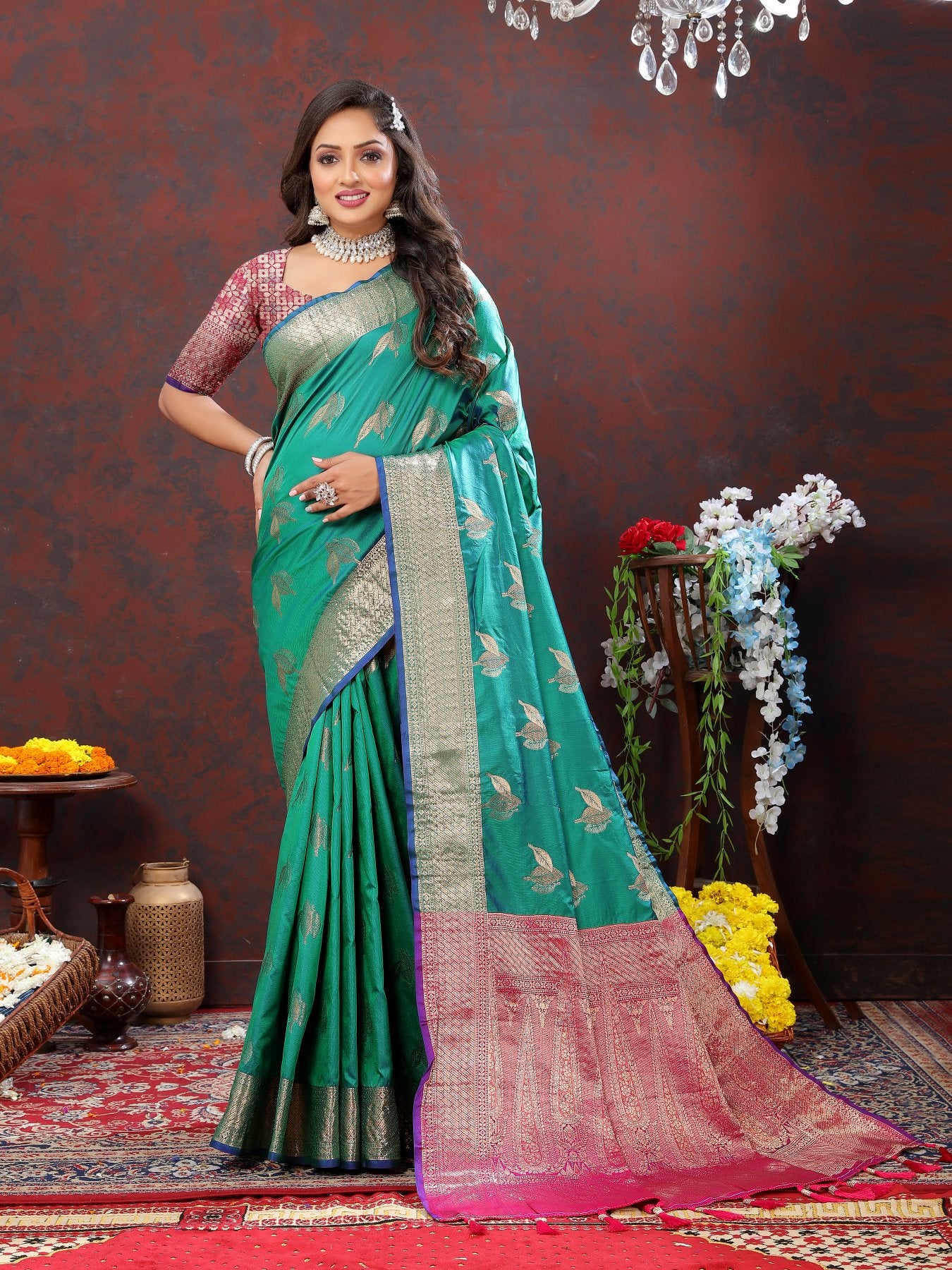 Efflorescence Green Soft Banarasi Silk Saree With Ratatouille Blouse Piece