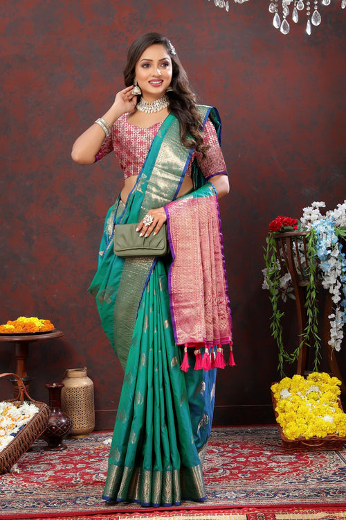 Load image into Gallery viewer, Efflorescence Green Soft Banarasi Silk Saree With Ratatouille Blouse Piece
