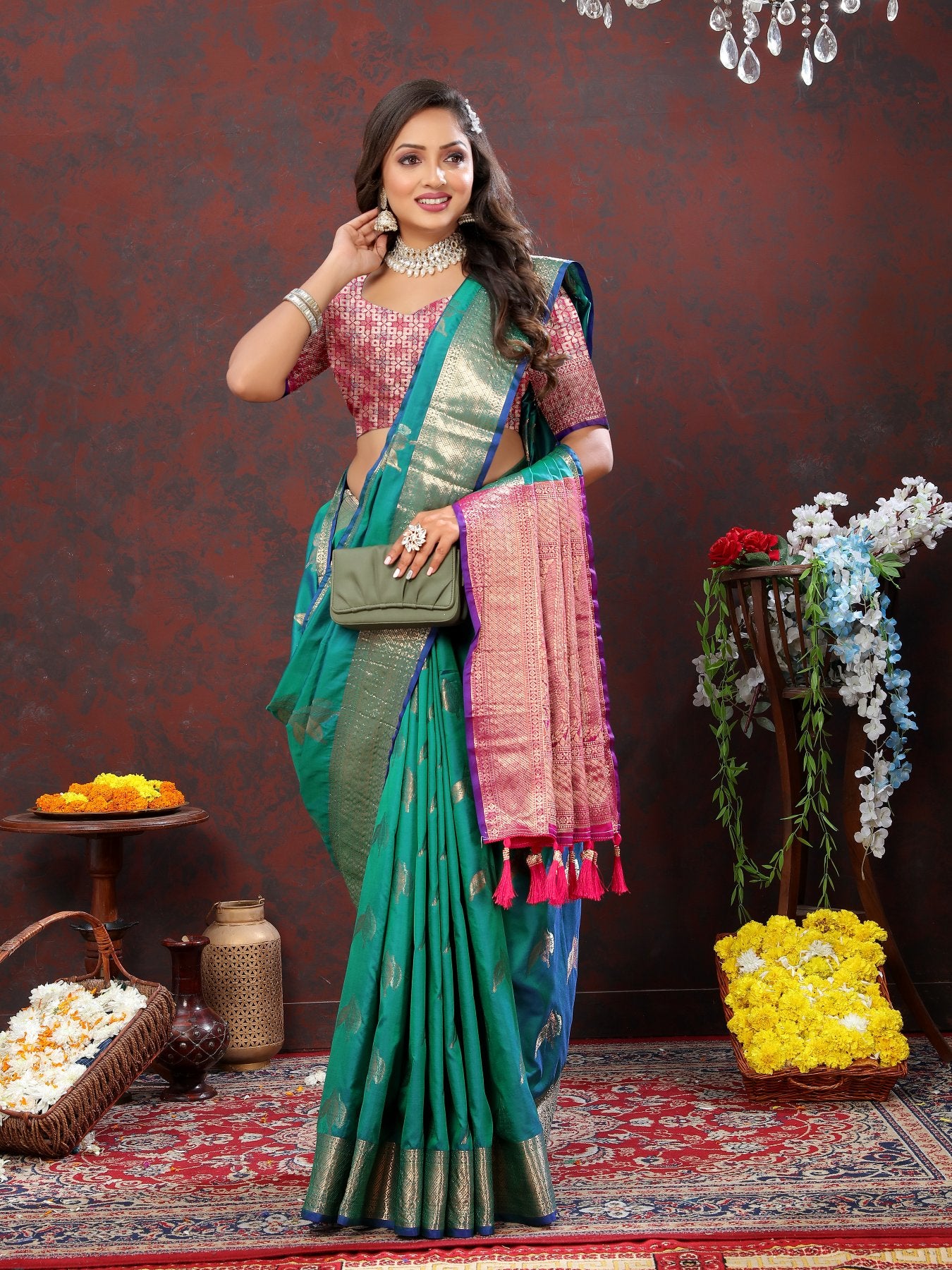 Efflorescence Green Soft Banarasi Silk Saree With Ratatouille Blouse Piece