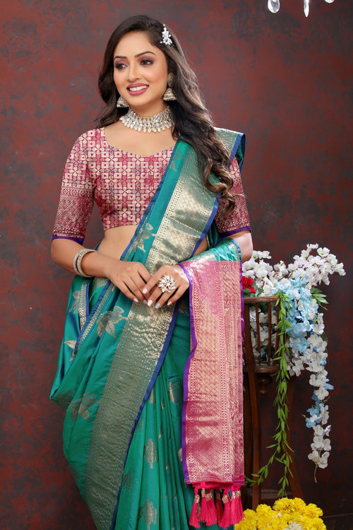 Load image into Gallery viewer, Efflorescence Green Soft Banarasi Silk Saree With Ratatouille Blouse Piece
