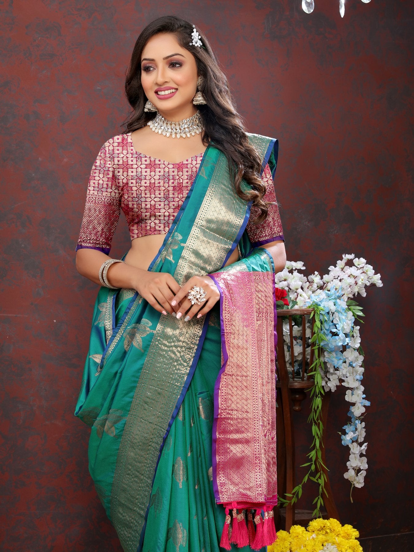 Efflorescence Green Soft Banarasi Silk Saree With Ratatouille Blouse Piece