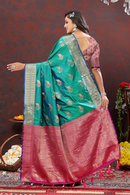 Load image into Gallery viewer, Efflorescence Green Soft Banarasi Silk Saree With Ratatouille Blouse Piece
