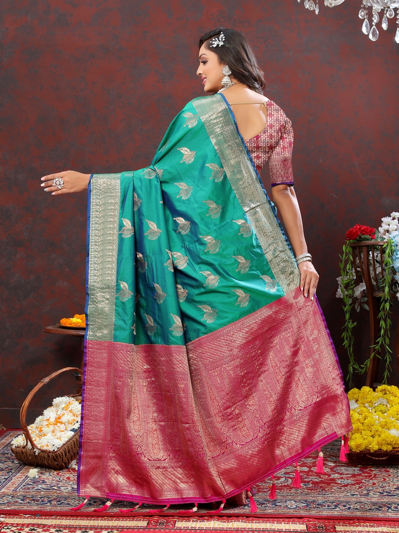 Efflorescence Green Soft Banarasi Silk Saree With Ratatouille Blouse Piece