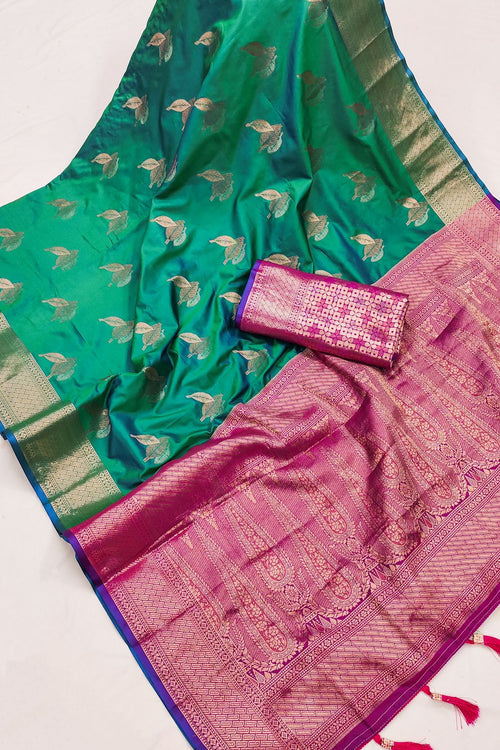 Load image into Gallery viewer, Efflorescence Green Soft Banarasi Silk Saree With Ratatouille Blouse Piece
