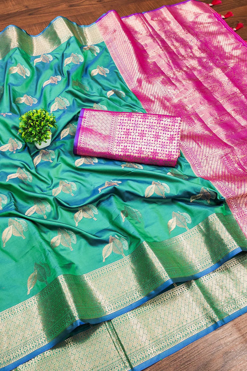 Load image into Gallery viewer, Efflorescence Green Soft Banarasi Silk Saree With Ratatouille Blouse Piece
