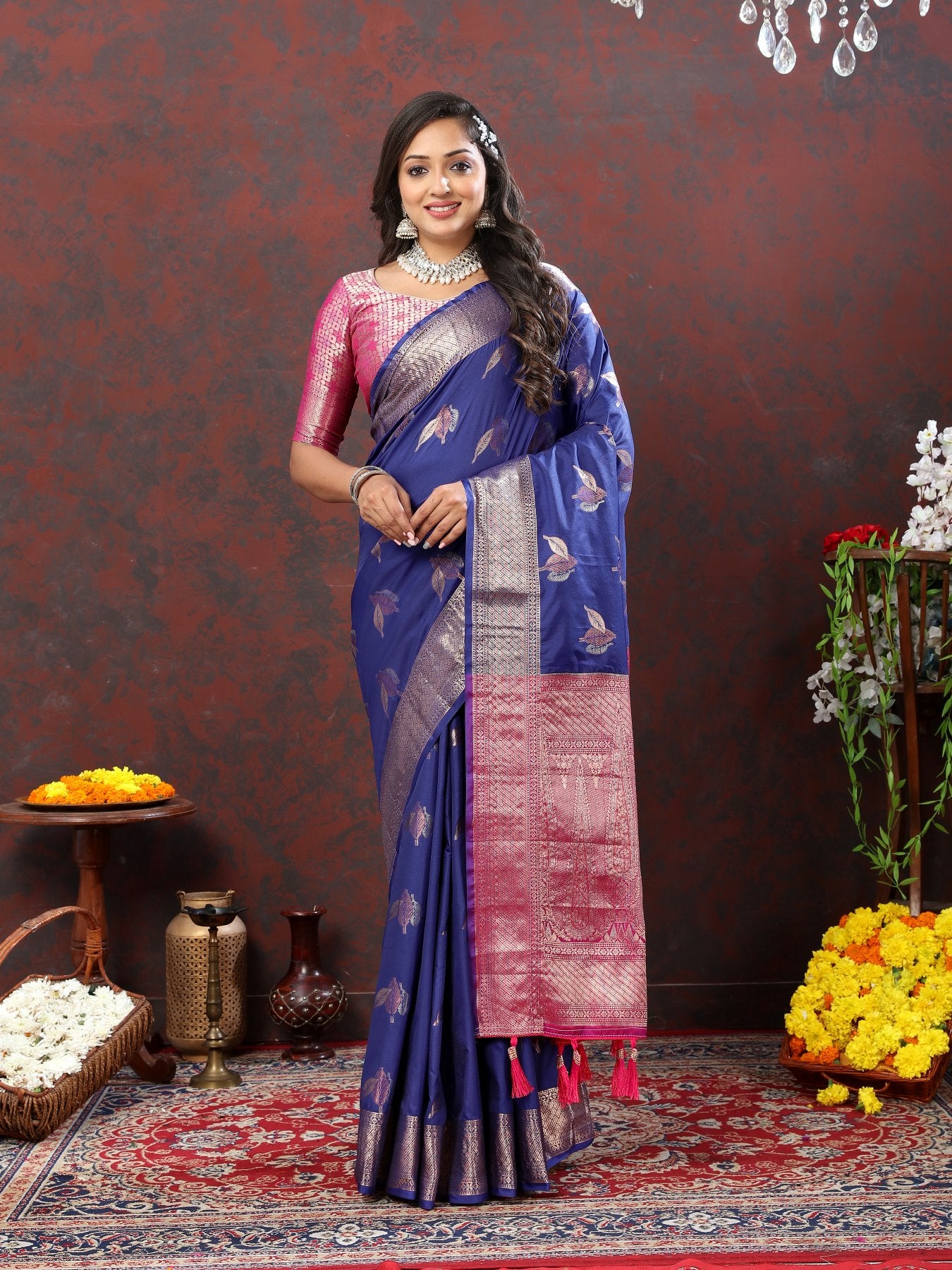 Engaging Navy Blue Soft Banarasi Silk Saree With Exuberant Blouse Piece