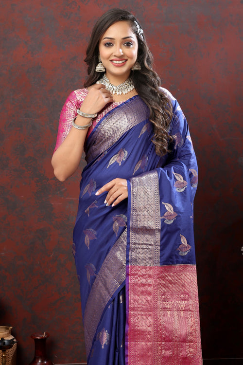 Load image into Gallery viewer, Engaging Navy Blue Soft Banarasi Silk Saree With Exuberant Blouse Piece
