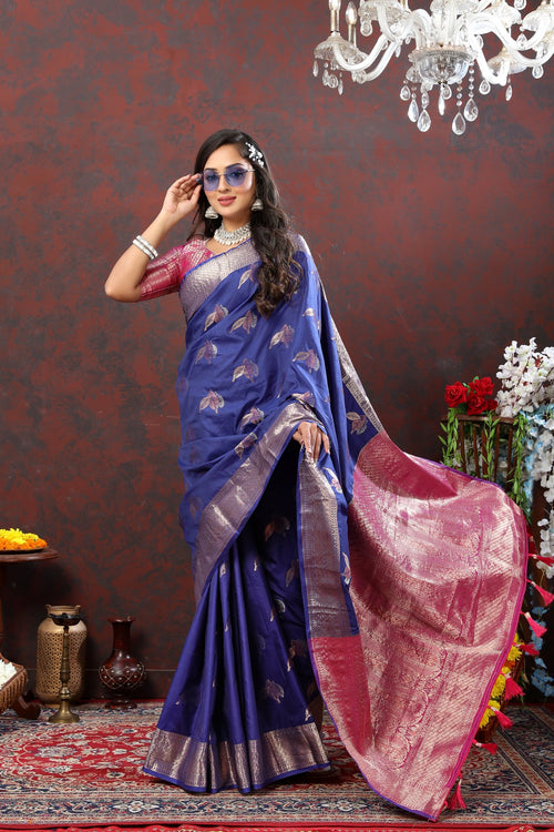 Load image into Gallery viewer, Engaging Navy Blue Soft Banarasi Silk Saree With Exuberant Blouse Piece
