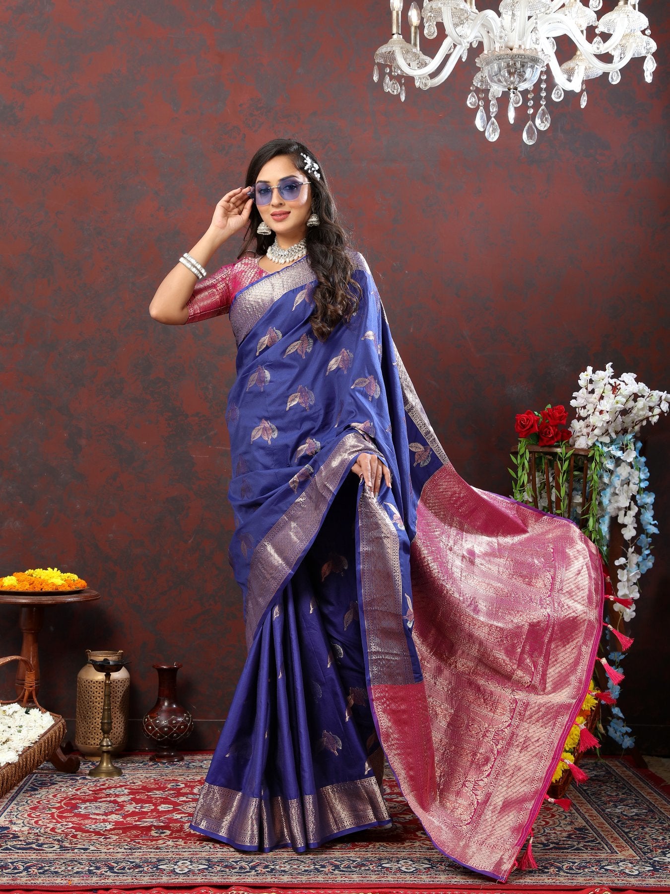 Engaging Navy Blue Soft Banarasi Silk Saree With Exuberant Blouse Piece