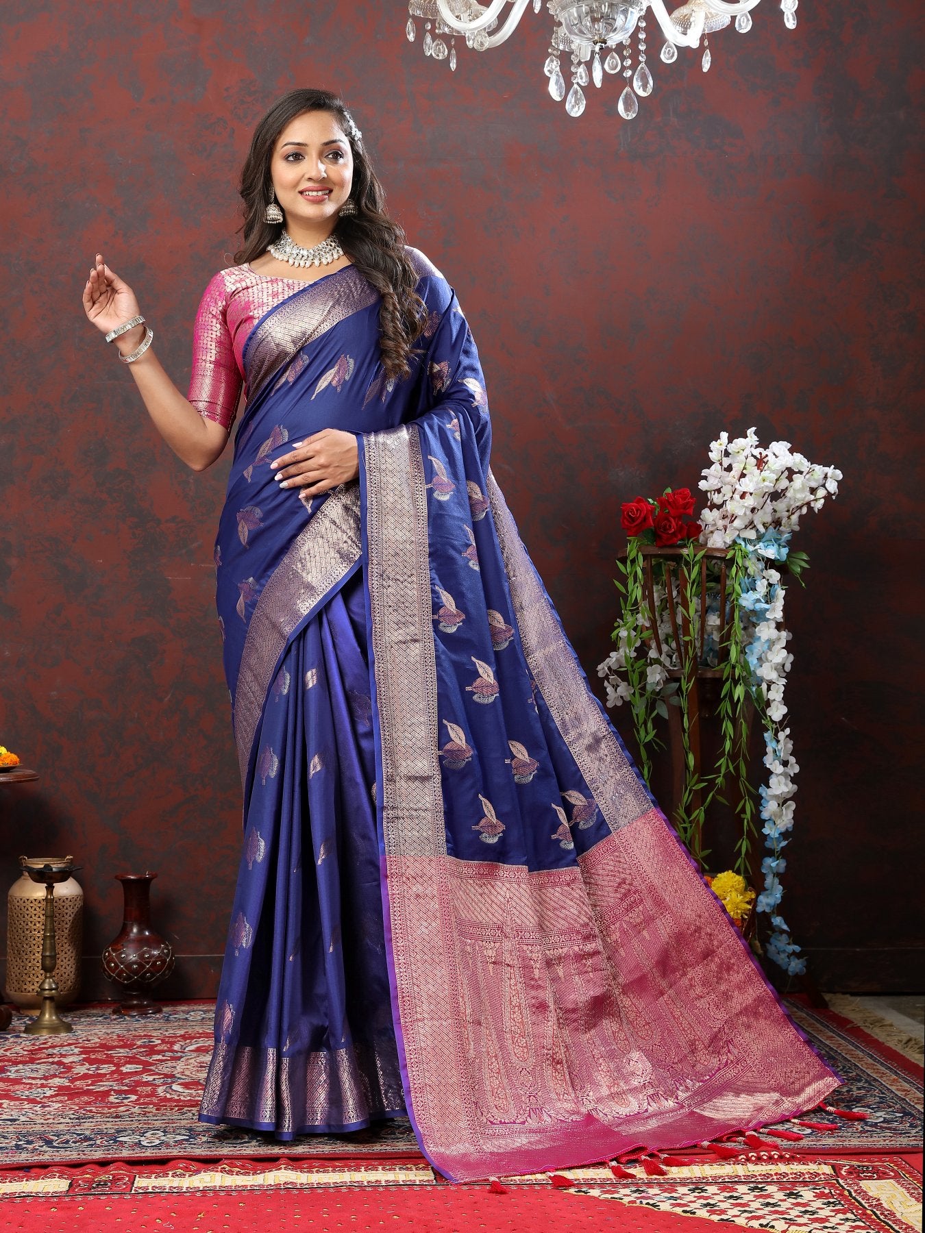 Engaging Navy Blue Soft Banarasi Silk Saree With Exuberant Blouse Piece