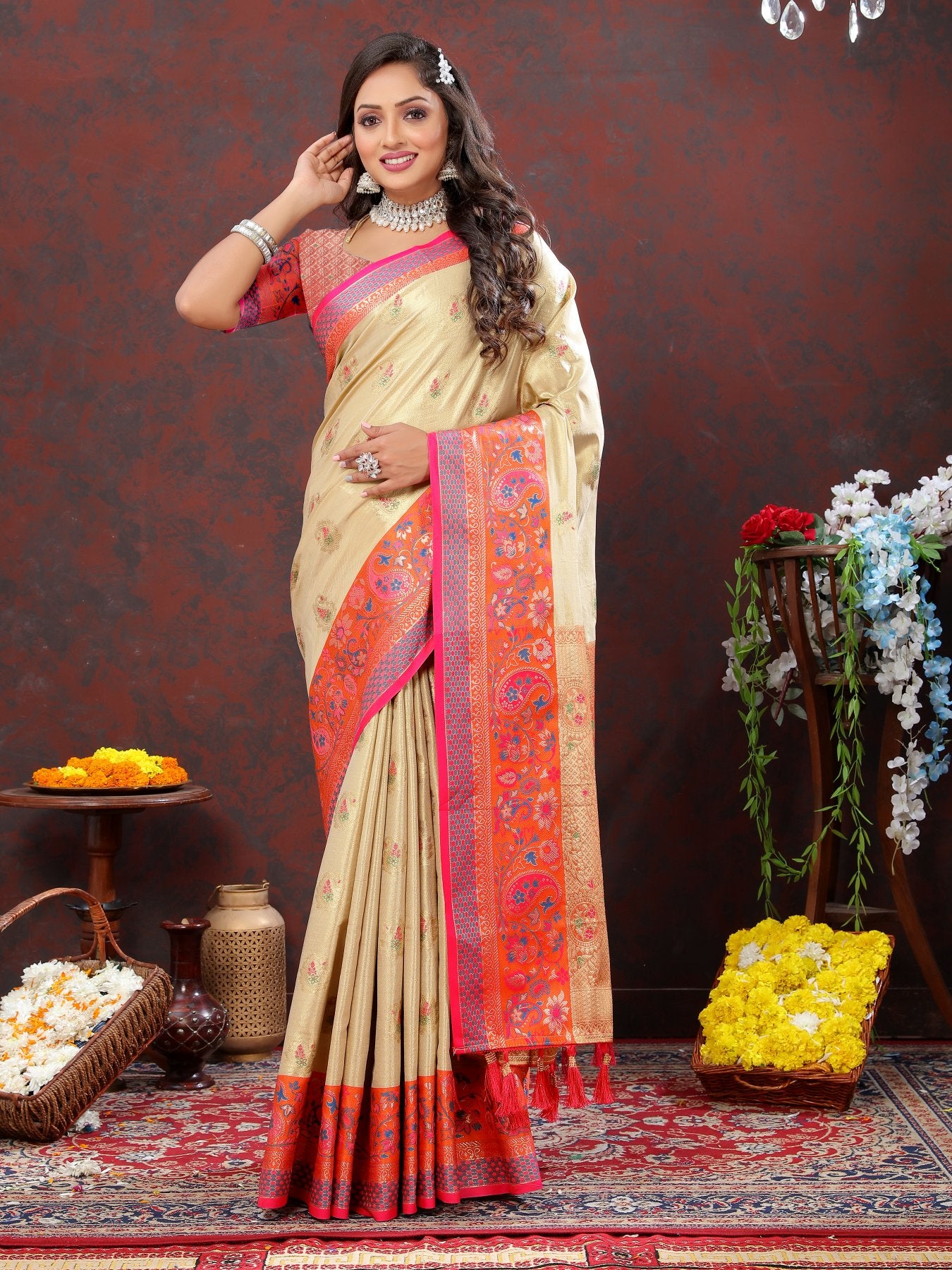 Lovely Beige Soft Banarasi Silk Saree With Outstanding Blouse Piece