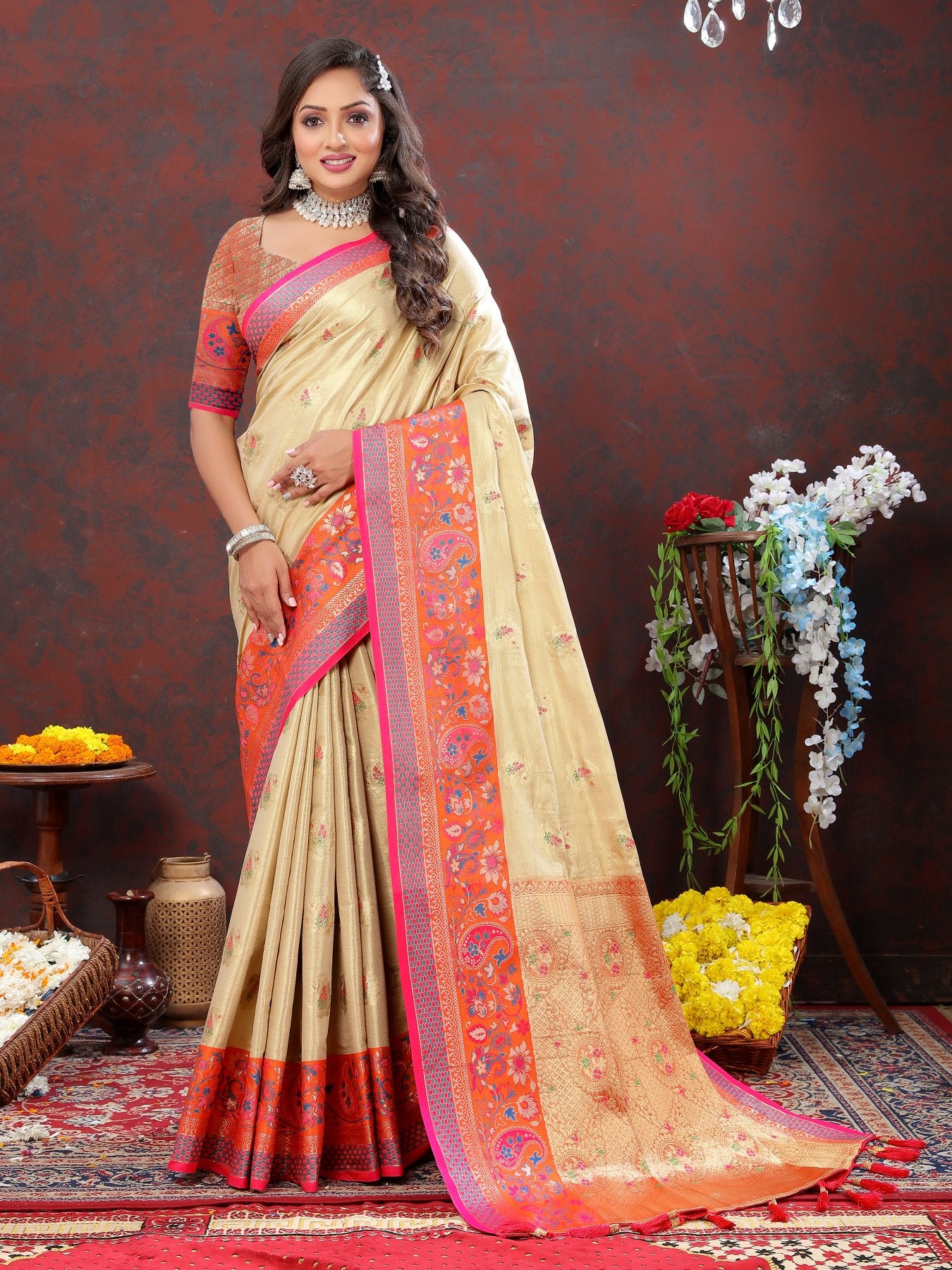 Lovely Beige Soft Banarasi Silk Saree With Outstanding Blouse Piece