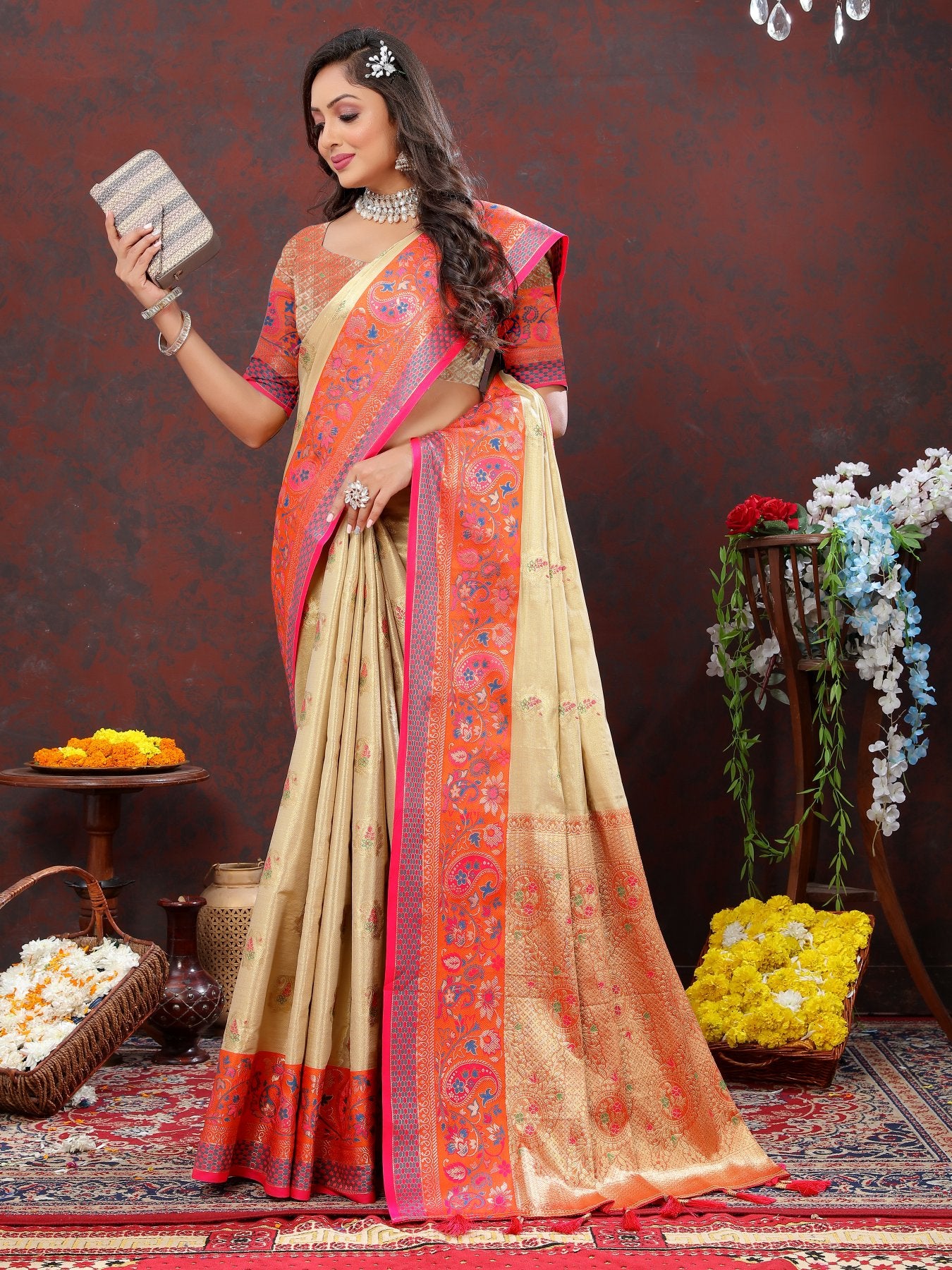 Lovely Beige Soft Banarasi Silk Saree With Outstanding Blouse Piece