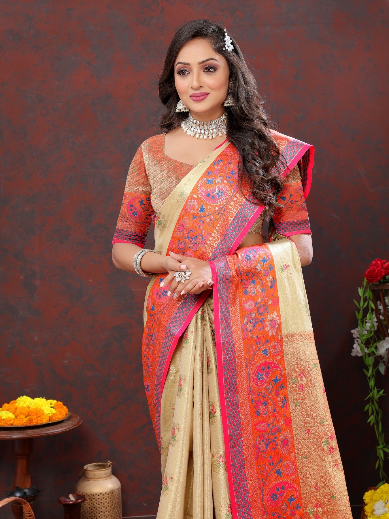 Lovely Beige Soft Banarasi Silk Saree With Outstanding Blouse Piece