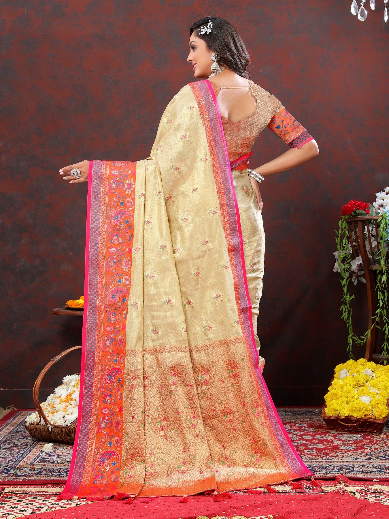 Lovely Beige Soft Banarasi Silk Saree With Outstanding Blouse Piece