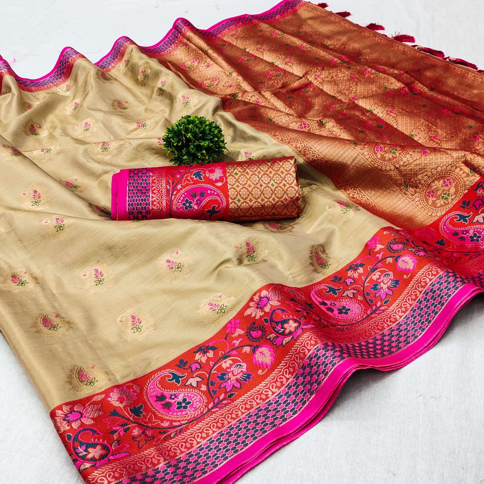 Lovely Beige Soft Banarasi Silk Saree With Outstanding Blouse Piece