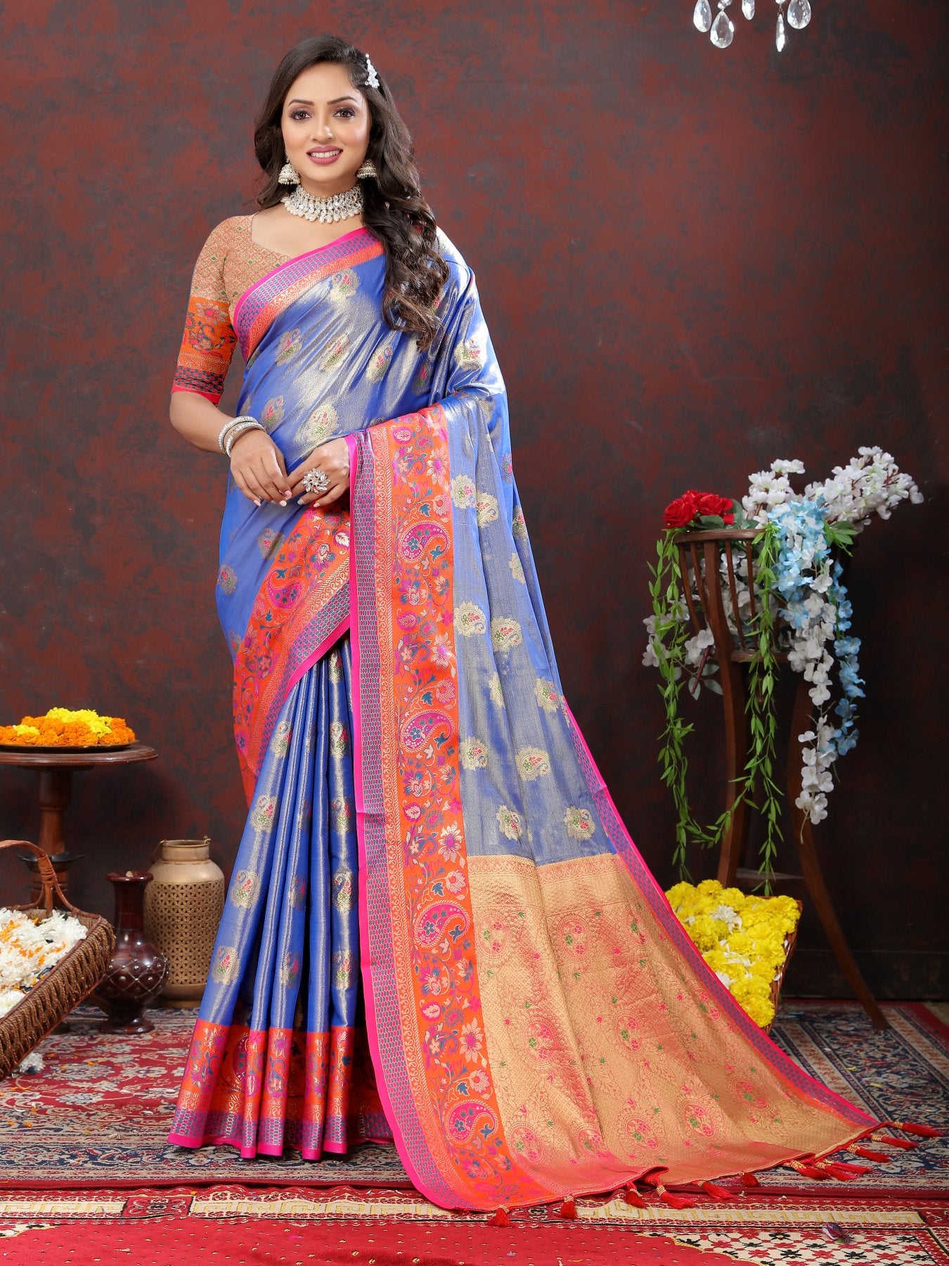 Engrossing Blue Soft Banarasi Silk Saree With Exceptional Blouse Piece