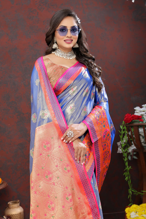 Load image into Gallery viewer, Engrossing Blue Soft Banarasi Silk Saree With Exceptional Blouse Piece
