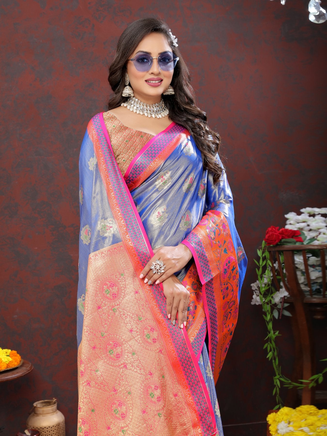 Engrossing Blue Soft Banarasi Silk Saree With Exceptional Blouse Piece