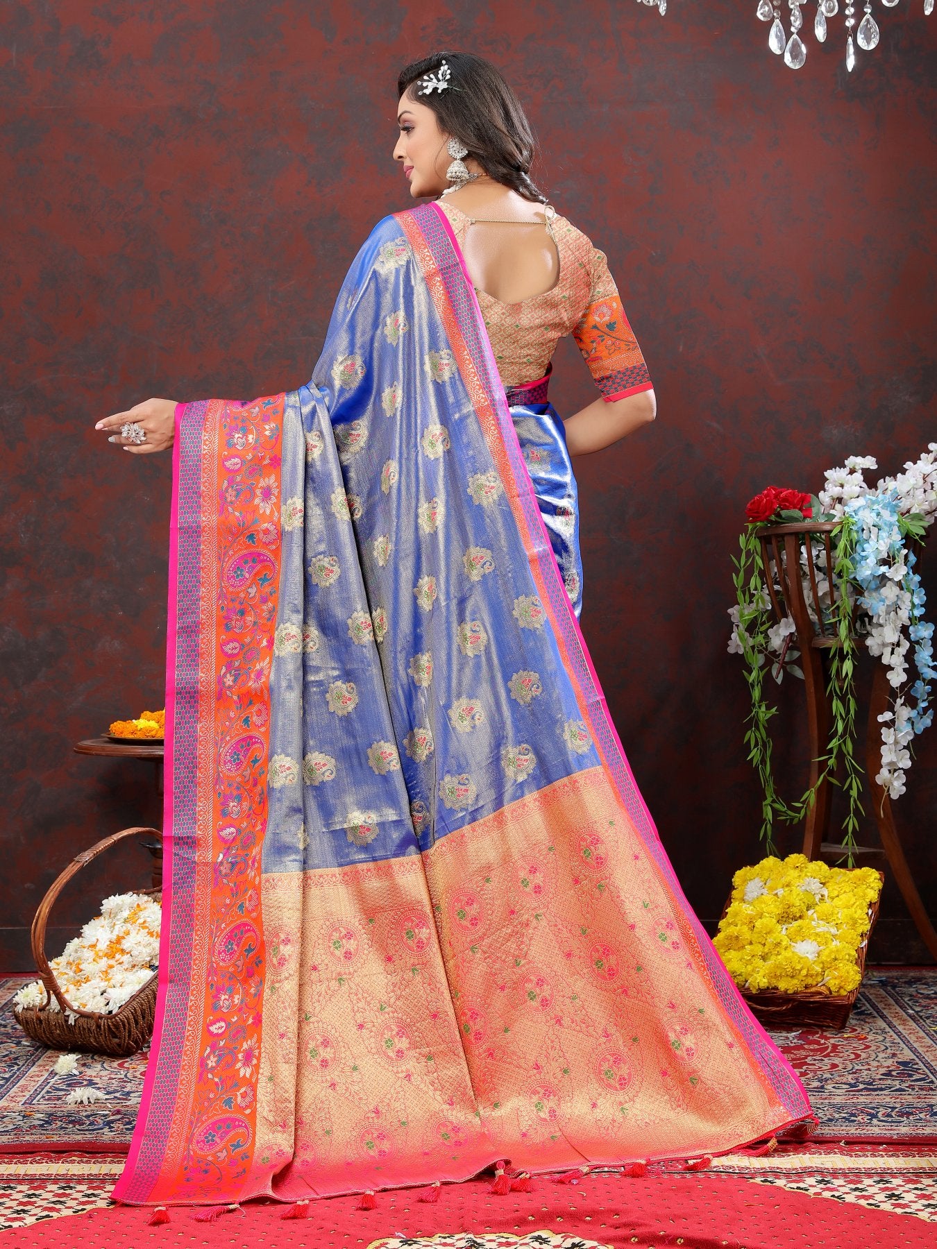 Engrossing Blue Soft Banarasi Silk Saree With Exceptional Blouse Piece