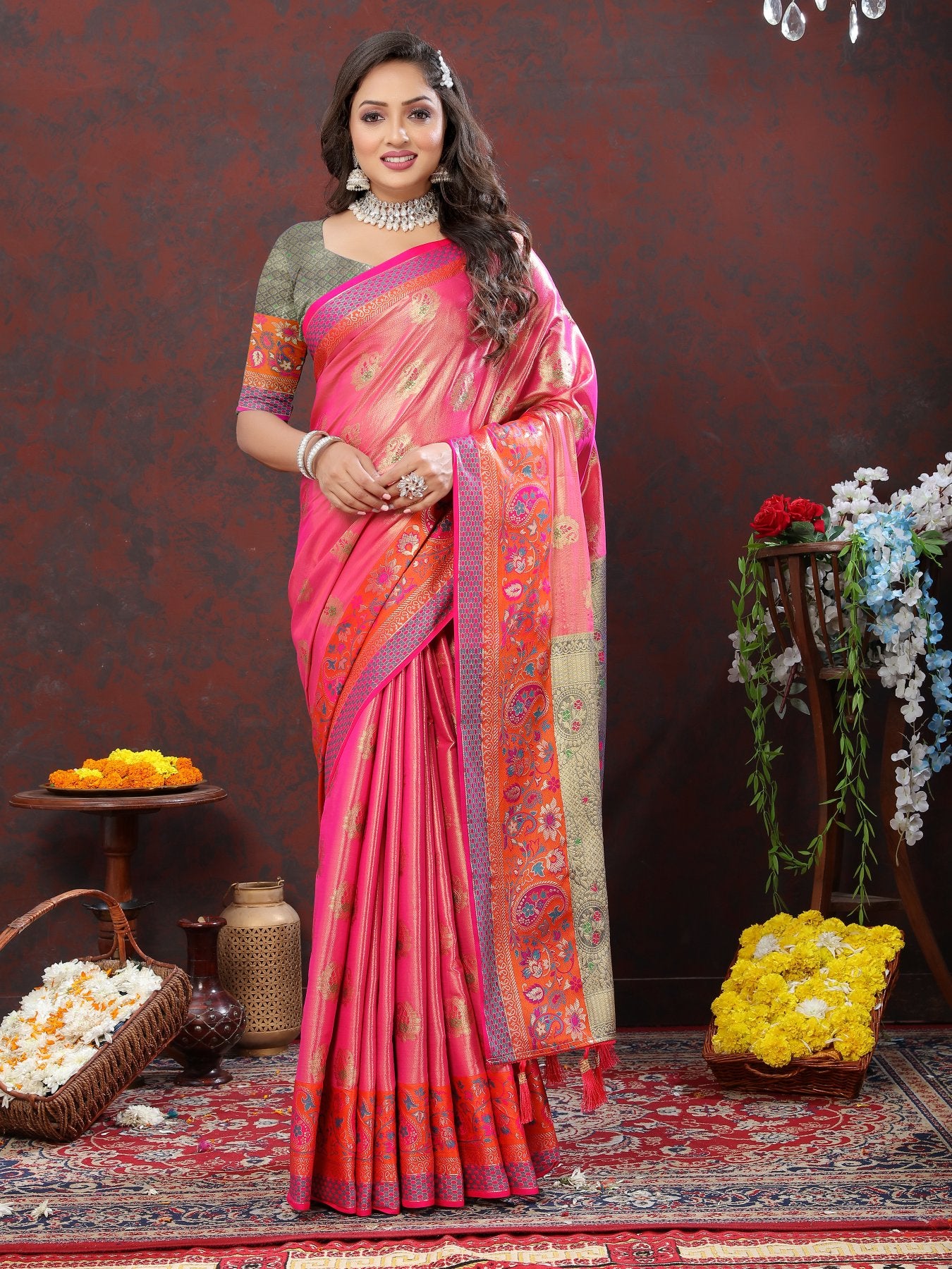 Exquisite Dark Pink Soft Banarasi Silk Saree With Divine Blouse Piece