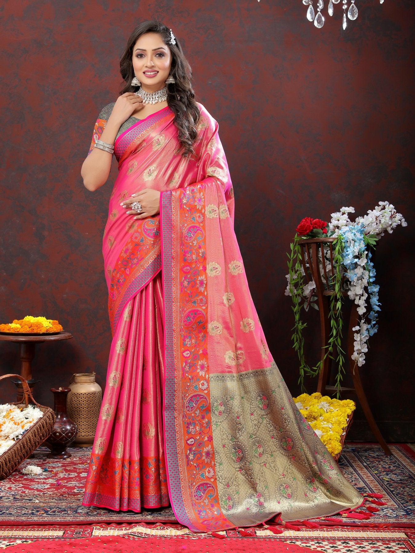 Exquisite Dark Pink Soft Banarasi Silk Saree With Divine Blouse Piece