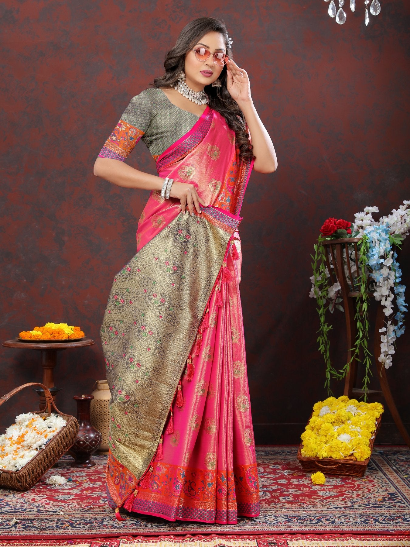 Exquisite Dark Pink Soft Banarasi Silk Saree With Divine Blouse Piece