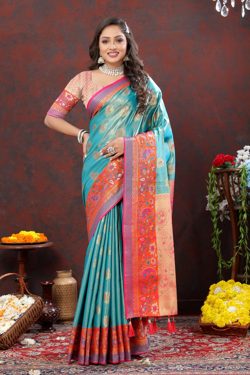 Load image into Gallery viewer, Desuetude Firozi Soft Banarasi Silk Saree With Petrichor Blouse Piece
