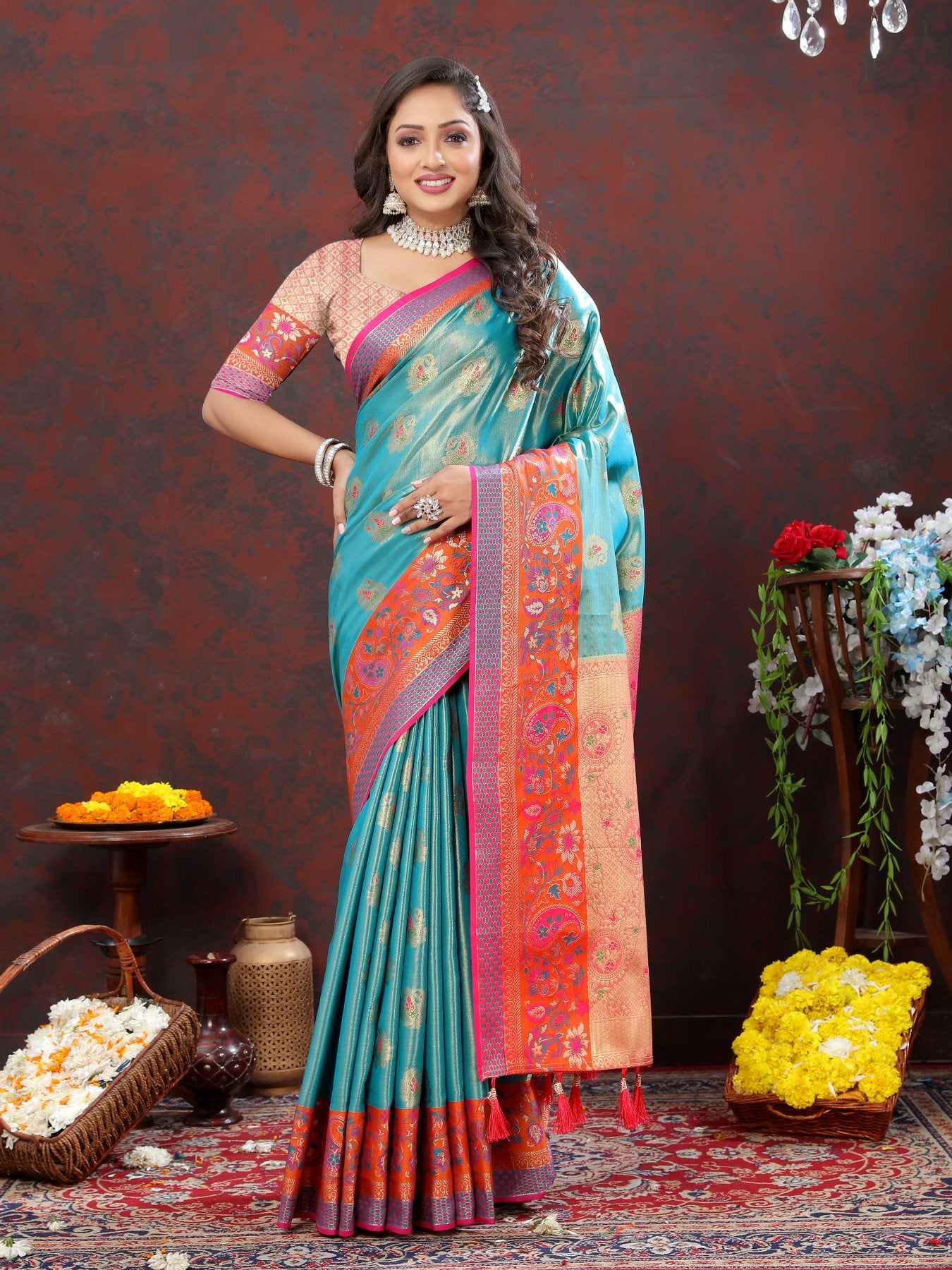 Desuetude Firozi Soft Banarasi Silk Saree With Petrichor Blouse Piece