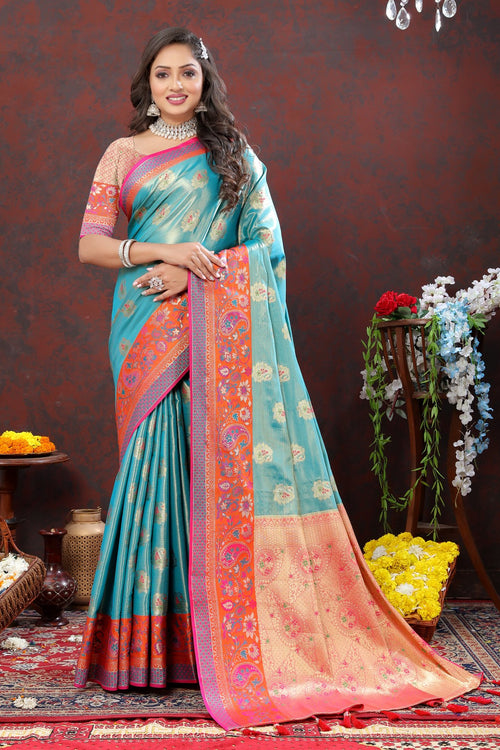 Load image into Gallery viewer, Desuetude Firozi Soft Banarasi Silk Saree With Petrichor Blouse Piece
